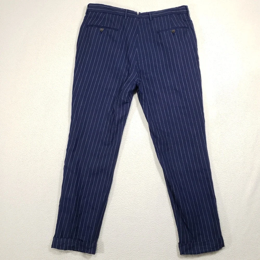 Polo Ralph Lauren Linen Trousers Men 36x30 Navy Blue Blend Pinstripe Dress Pants